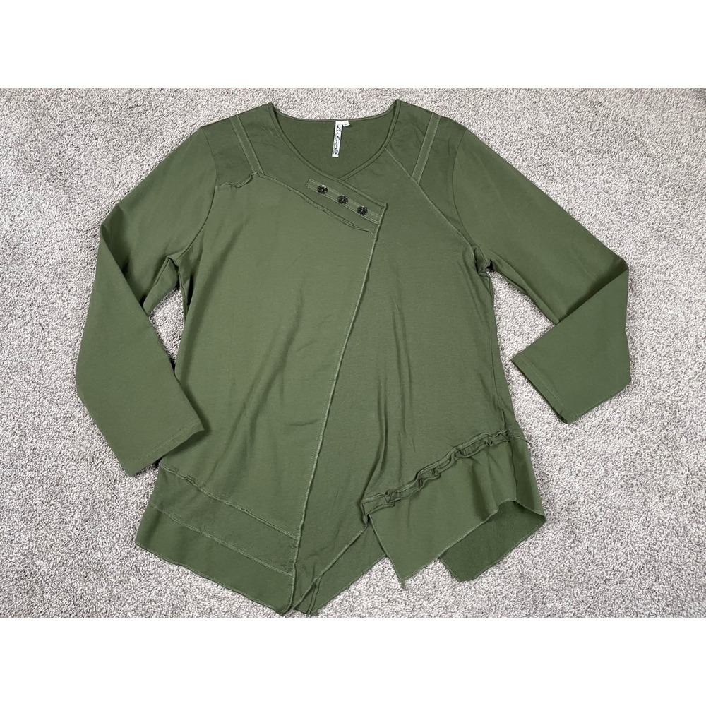 Lulu B Shirt Womens Large Green Asummetrical Lagenlook Buttons‎ Casual Comfort